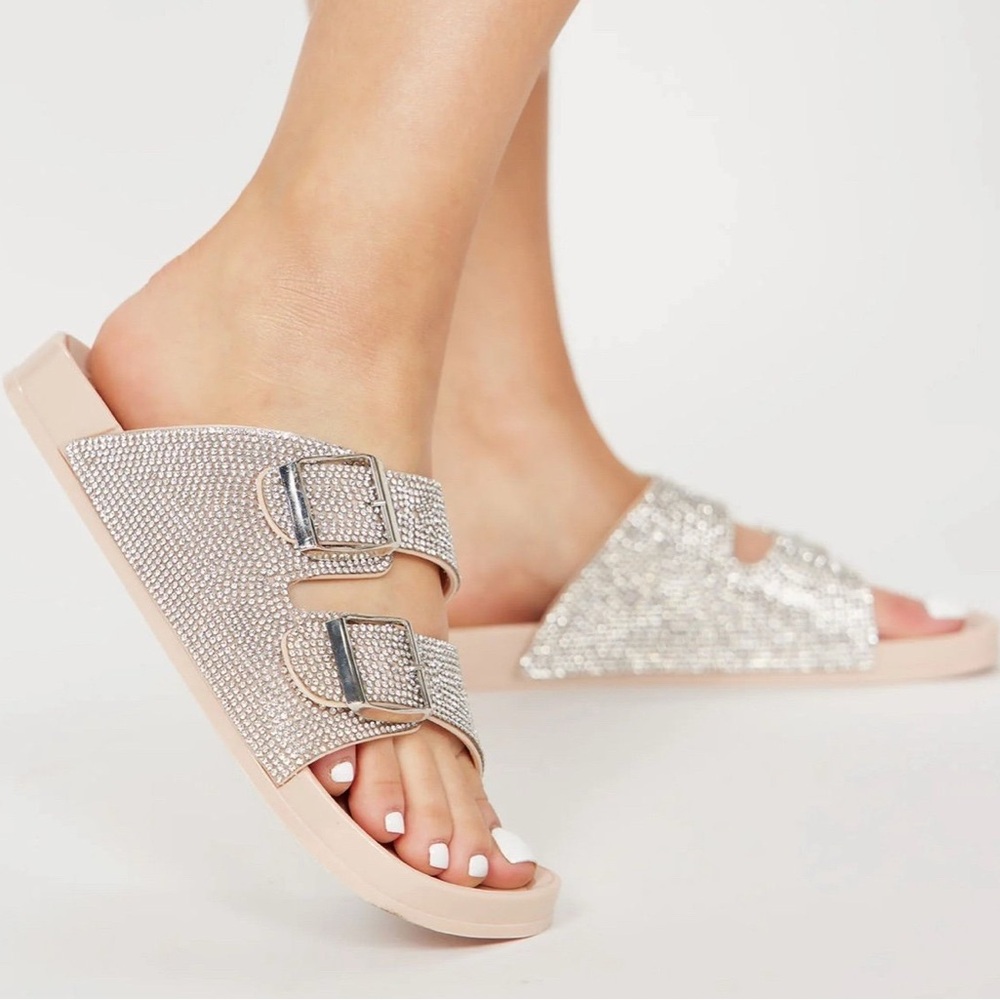 Nude Rhinestone Embellished Chunky Slides